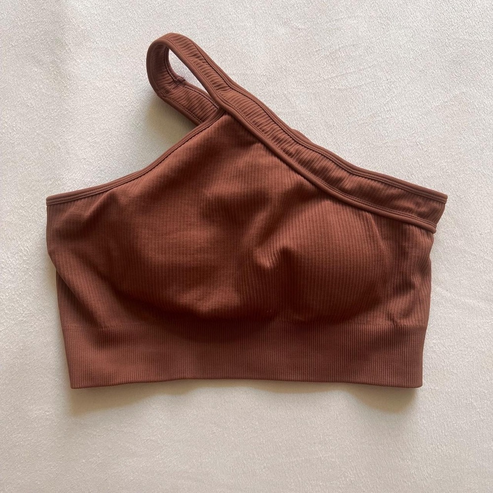 Brown Cross Strap Ribbed Sports Bra Top With Removable Cups Workout Gym Training